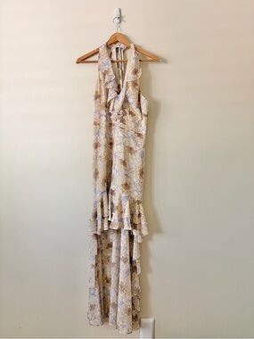 NWT Badgley Mischka Cream Floral High-Low Halter Ruffle Dress 2